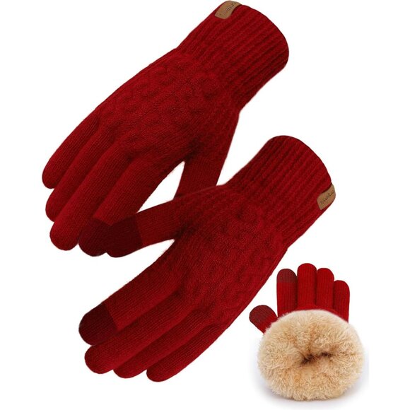 ⚡Women & Men Burgundy Winter Touch Screen Warm Thick Fleece Lined Knit Gloves - Picture 1 of 7